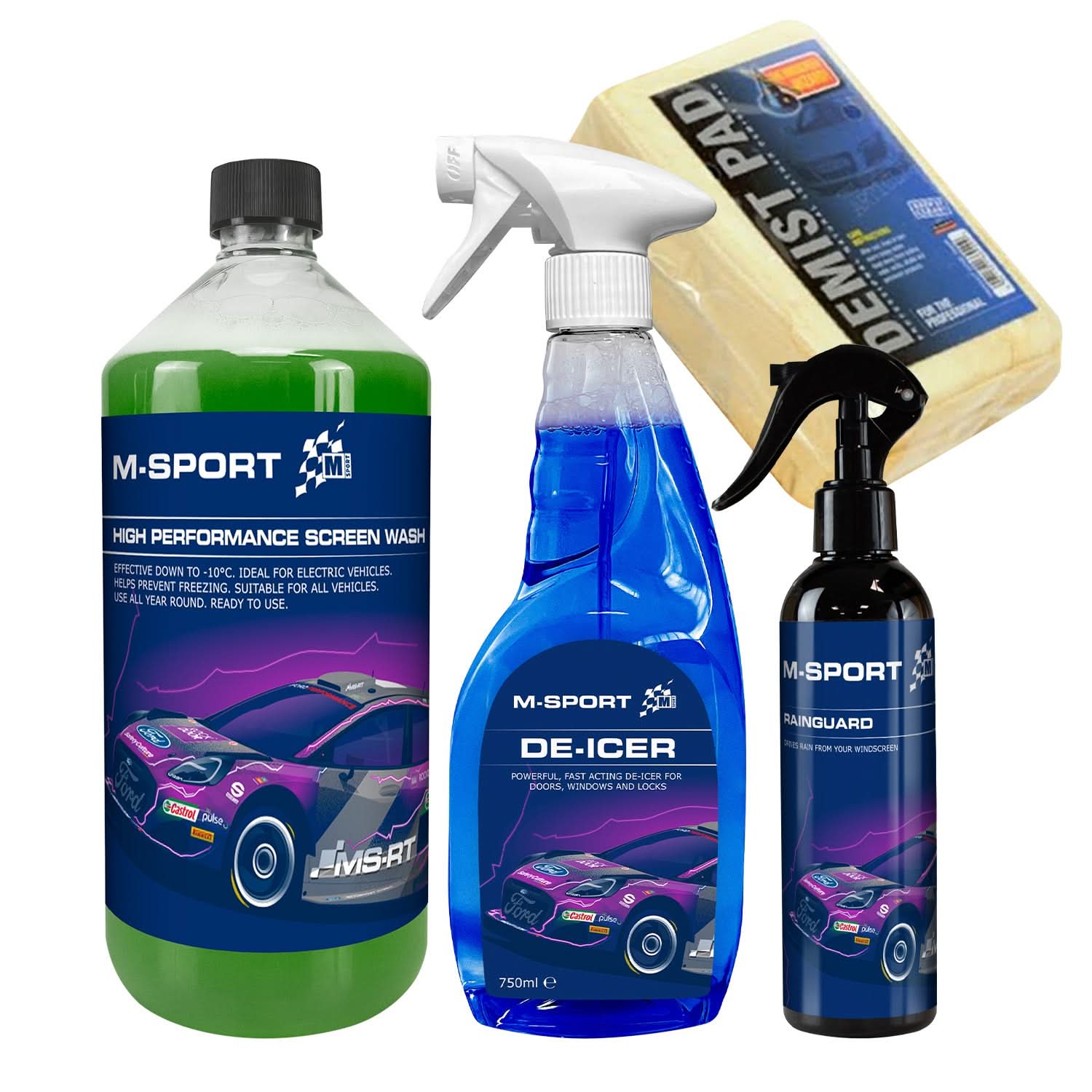 M-Sport 4-Piece Winter Car Cleaning Kit - High Performance Screenwash De-Icer Rainguard Demister Pad for Essential Car Care
