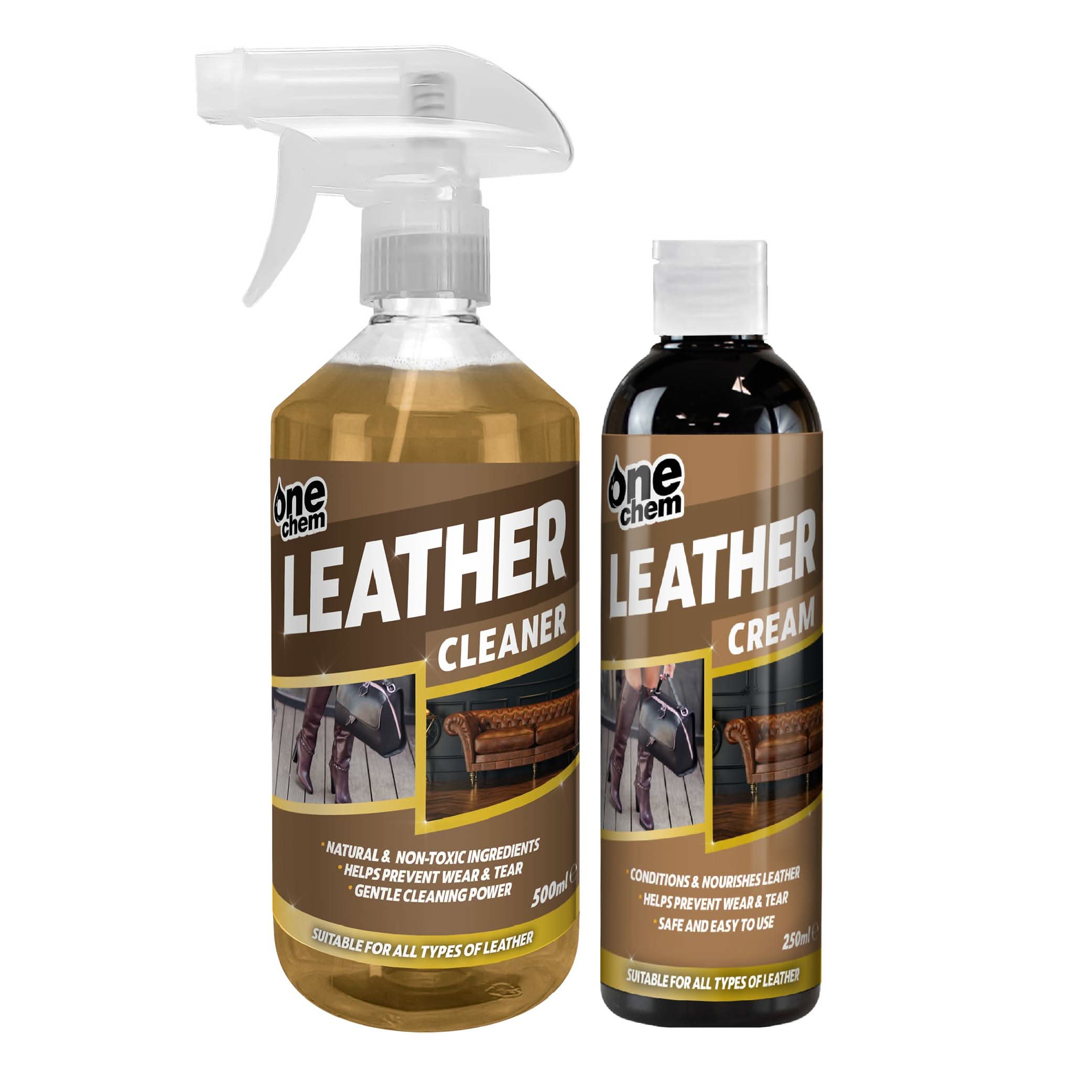 One Chem Leather Cleaning Kit - Leather Cleaner 500ml + Leather Cream 250ml
