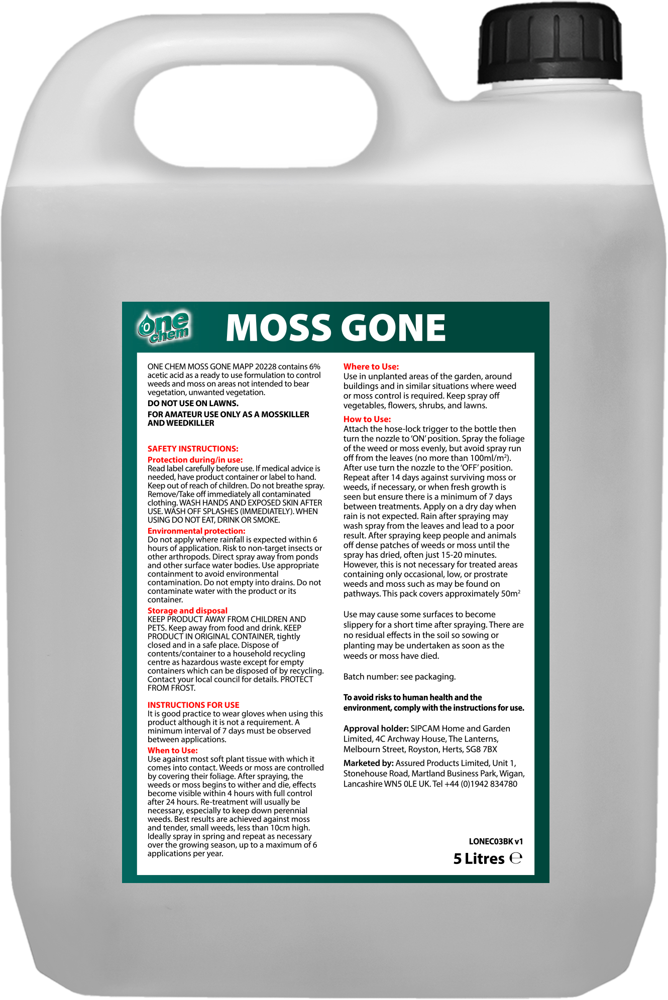 One Chem Moss Gone Moss Killer 5L (with 5L Pressure Sprayer)