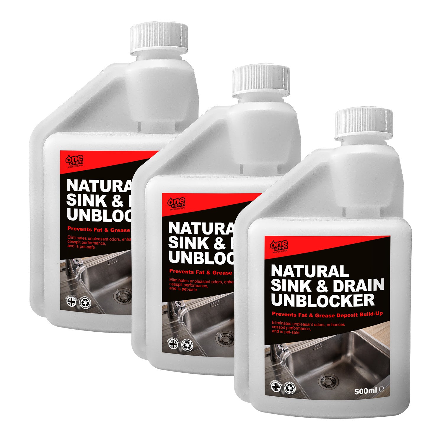 One Chem Professional Natural Sink & Drain Unblocker 3 x 500ml