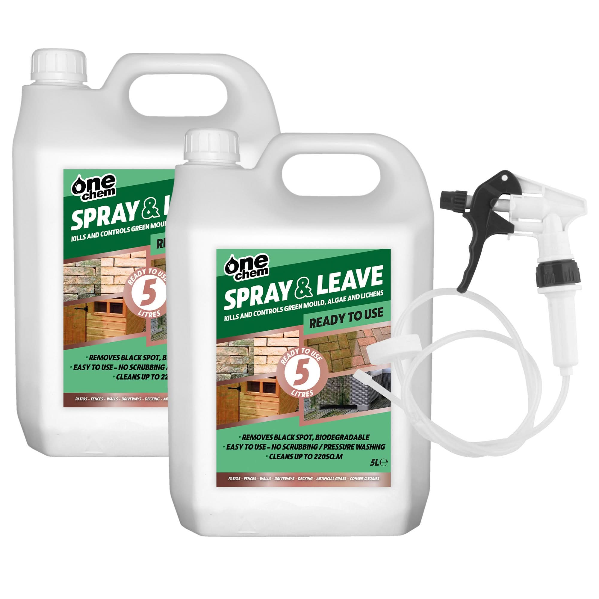 One Chem 2 x 5 Litre Ready To Use Spray and Leave with added Long Hose Trigger Spray - Fencing Patio Decking Driveway - Green Algae and Mould Killer