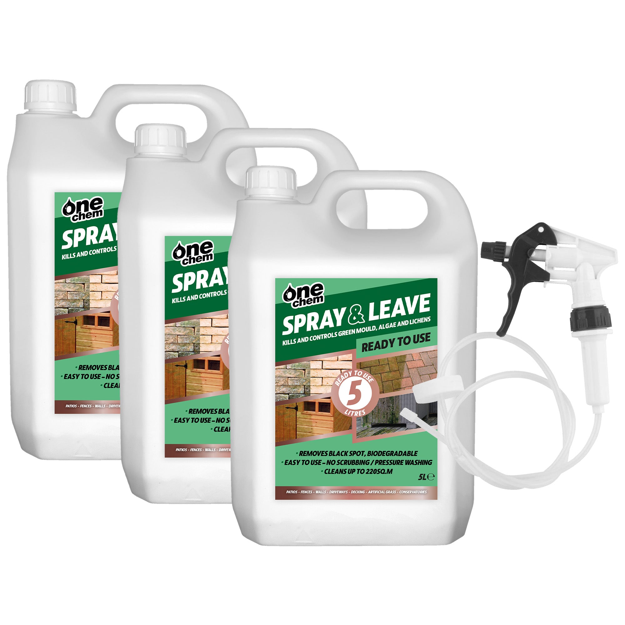One Chem 3 x 5 Litre Ready To Use Spray and Leave with added Long Hose Trigger Spray - Fencing Patio Decking Driveway - Green Algae and Mould Killer (Copy)