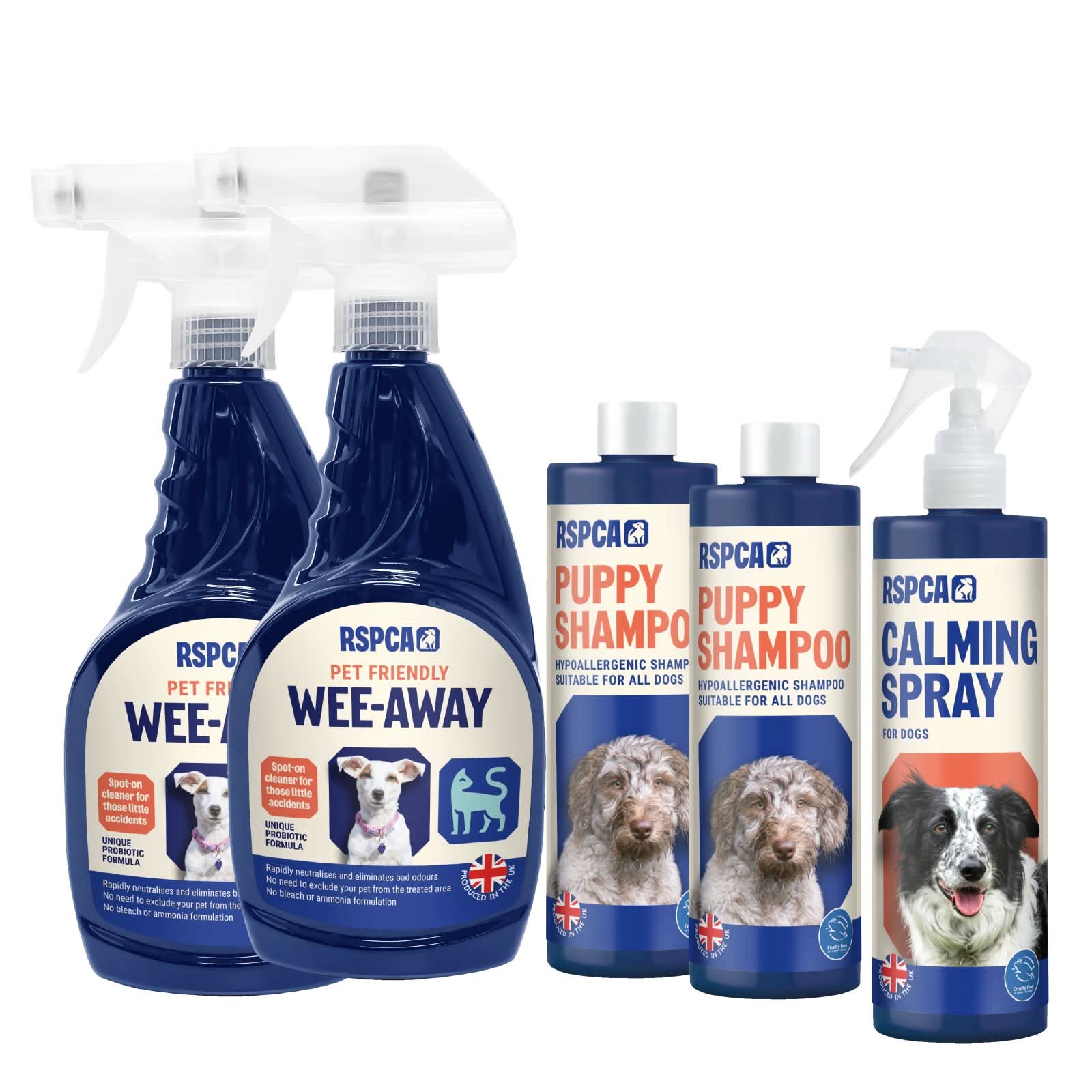RSPCA Puppy Starter Kit - 2 x Wee-Away 500ml, 2 x Puppy Shampoo 250ml, Calming Spray 250ml
