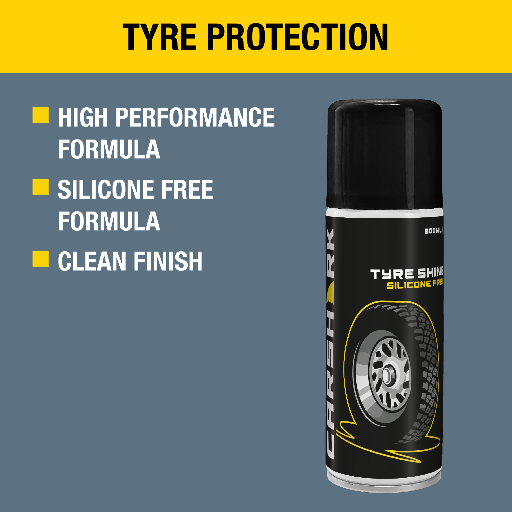 CARSHARK Tyre Shine Silicone-Free, 2 x 500 ml, Aerosol, Applicator Pad (Yellow)