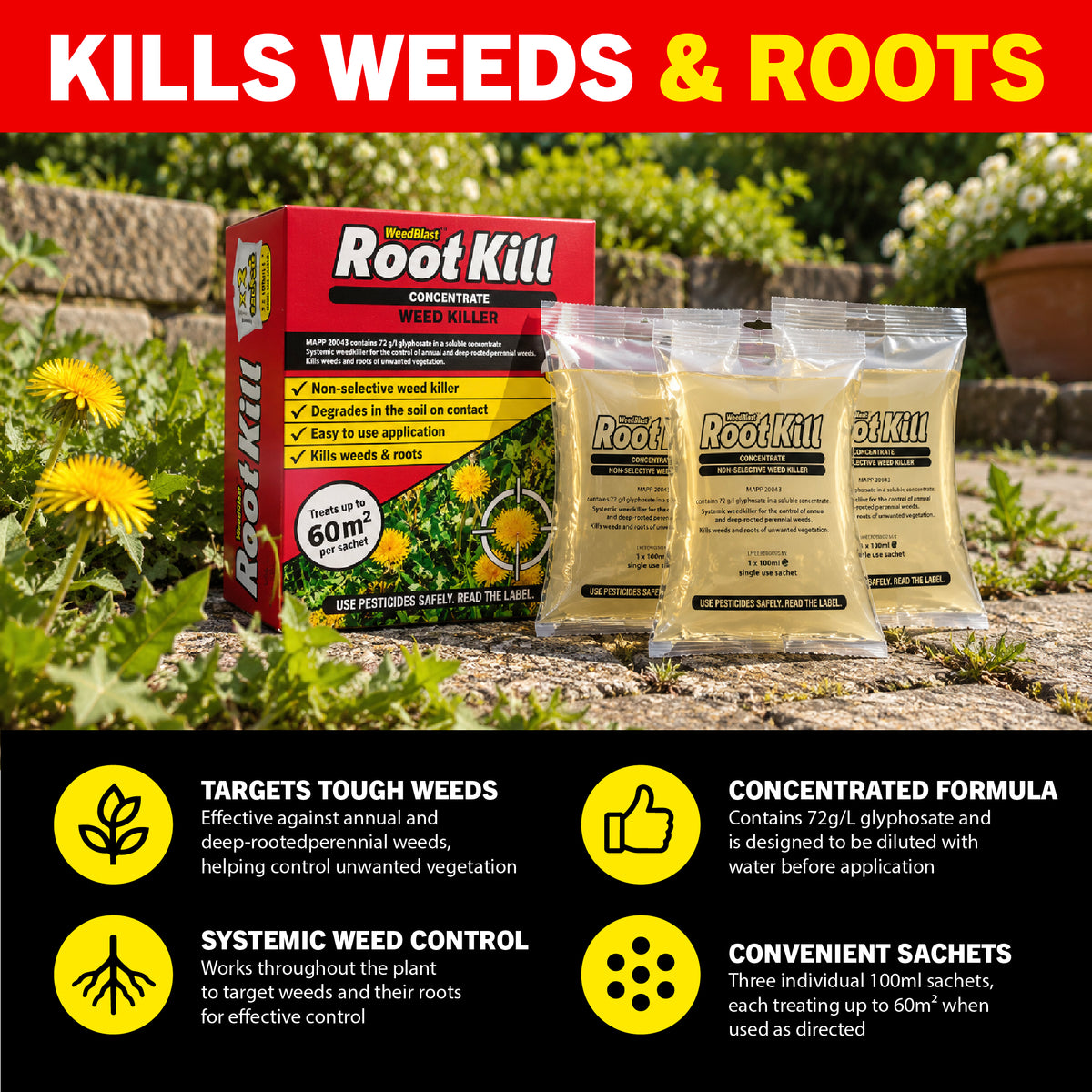 Weedblast Rootkill Concentrated Weedkiller 3 x 100ml Sachets boxed with 5L Garden Sprayer