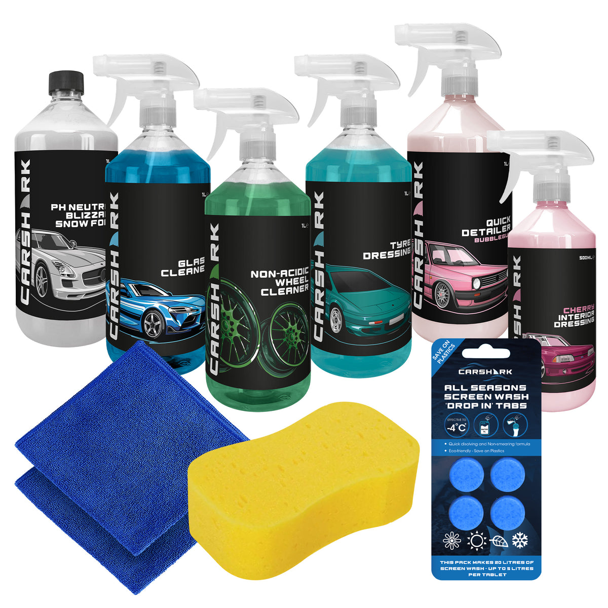 CARSHARK Car Cleaning Kit, 9-Piece Cleaning Kit, Screen wash Tabs, Sponge, 2 x Cloths