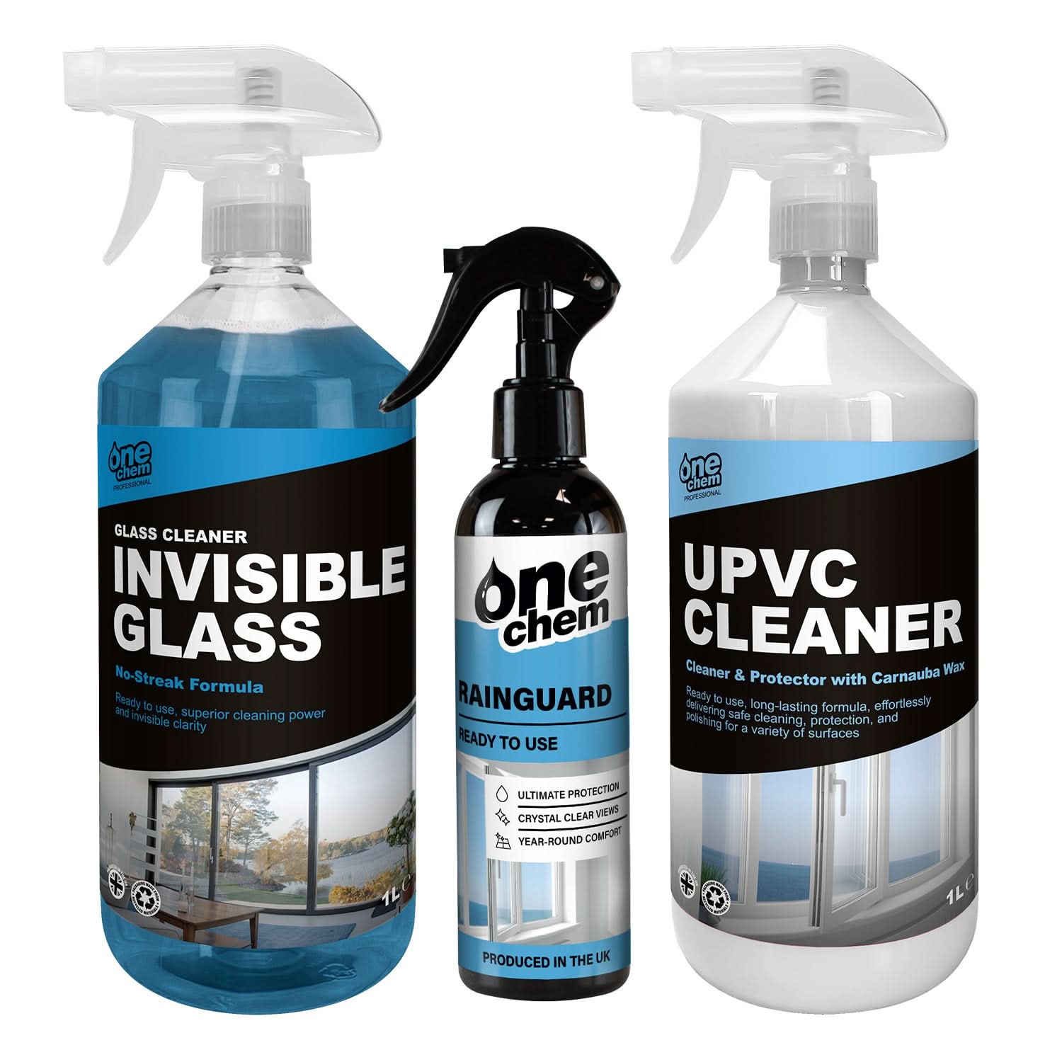 One Chem Window Clean & Protection Kit - UPVC Cleaner 1L, Invisible Glass 1L & Rainguard 250ml for versatile window cleaning