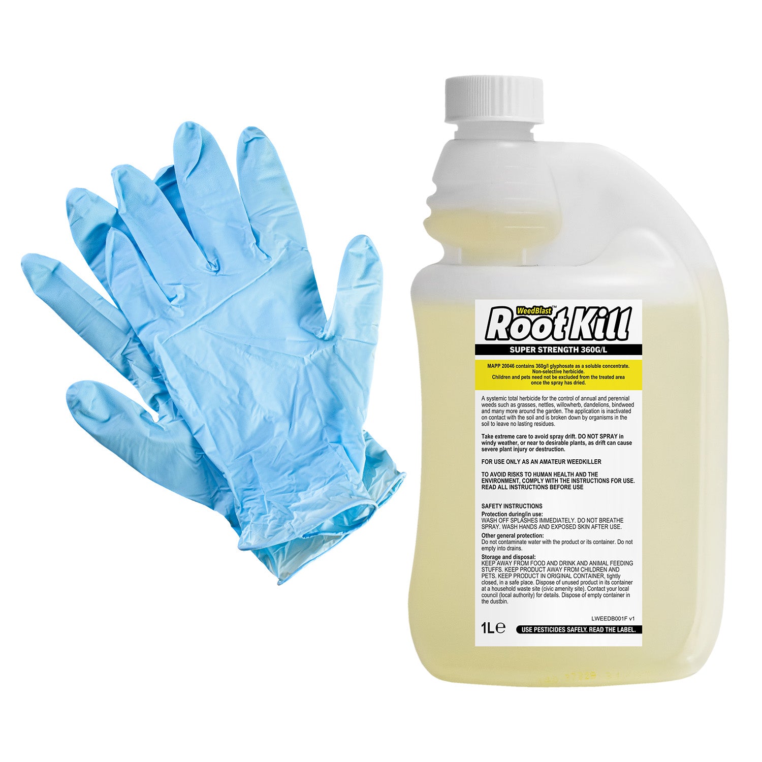 WeedBlast Rootkill Weedkiller 1 Litre 360g/L Glyphosate Concentrate, 2 x Gloves