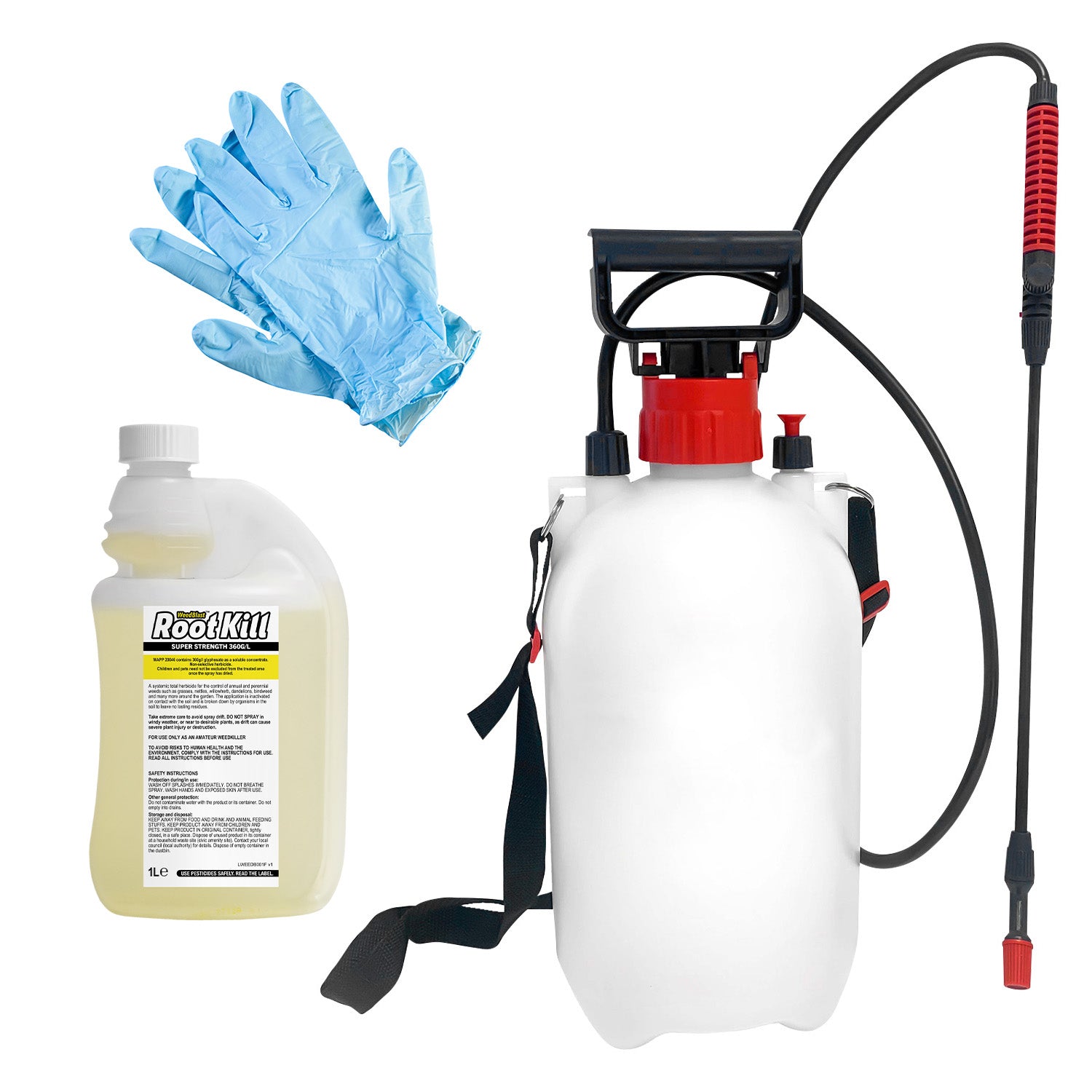 WeedBlast Rootkill Weedkiller 1 Litre 360g/L Glyphosate Concentrate with 5L Garden Sprayer, 2 x Gloves