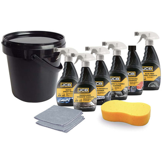JCB Essentials Car Cleaning Kit (with Bucket, 2 Microfibres, Sponge)