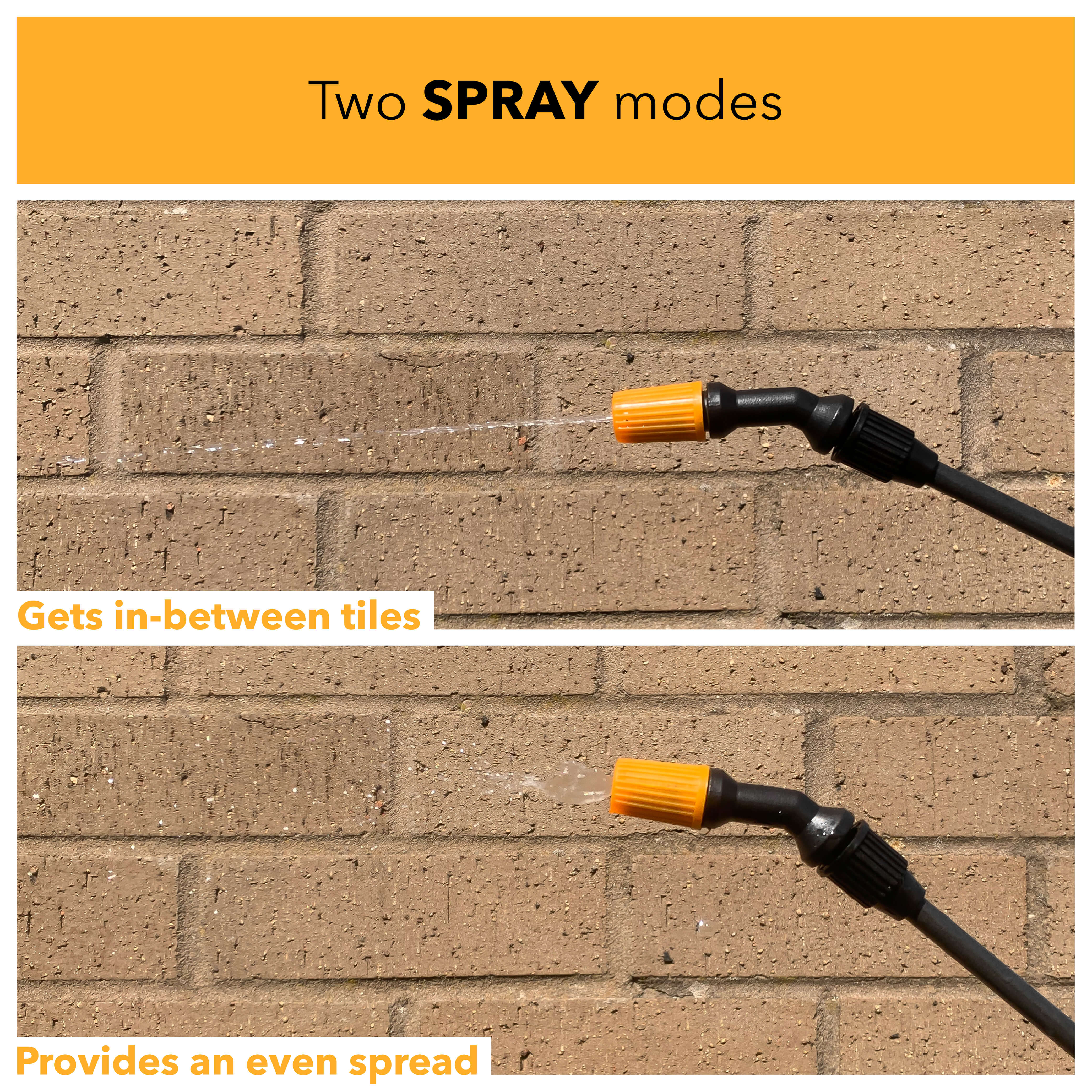 Two spray modes. One gets in-between tiles, and spray provides an even spread