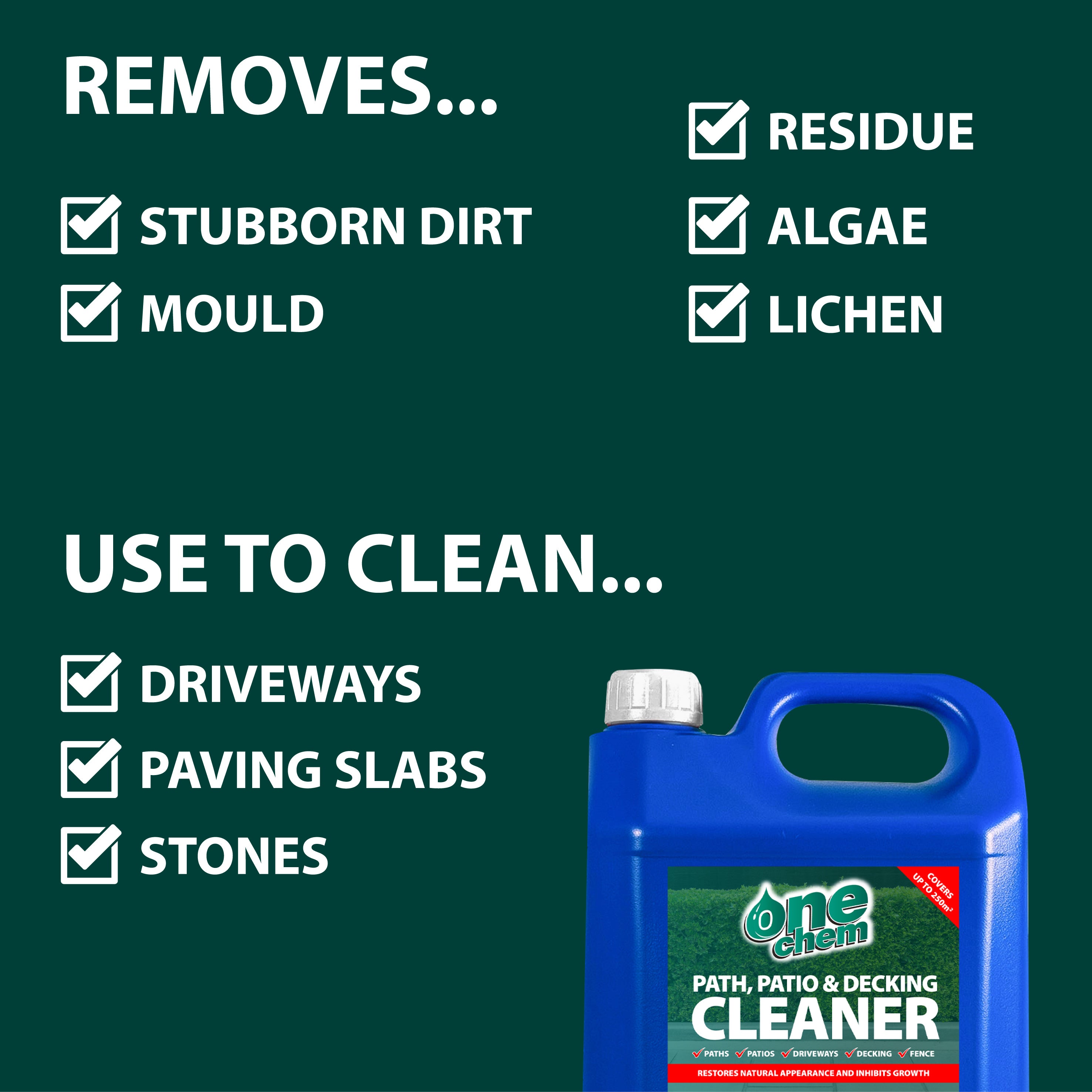 Removes stubborn dirt, mould, residue, algae, lichen