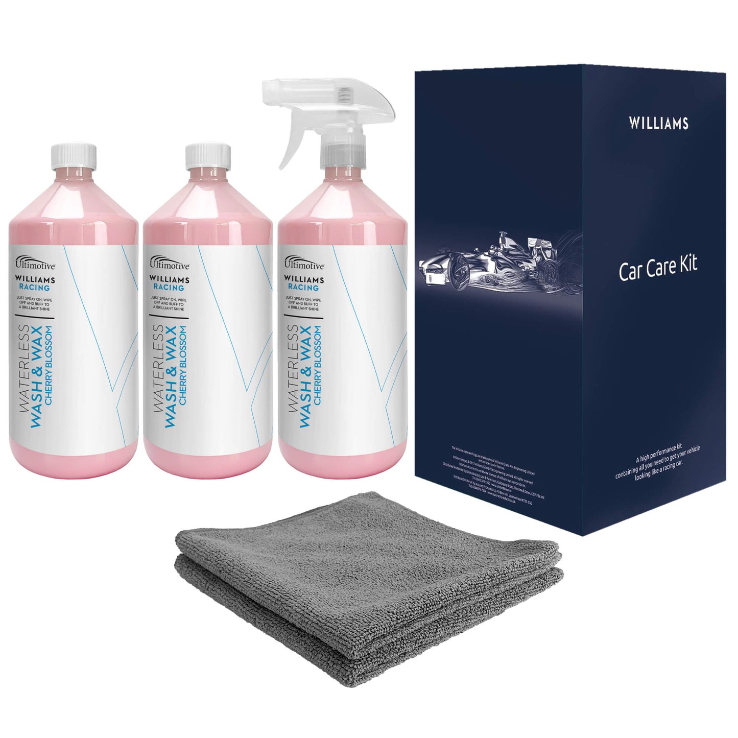 Williams Waterless Wash & Wax 3x1L Cherry Blossom in Gift Box (with 2 Microfibre Cloths)