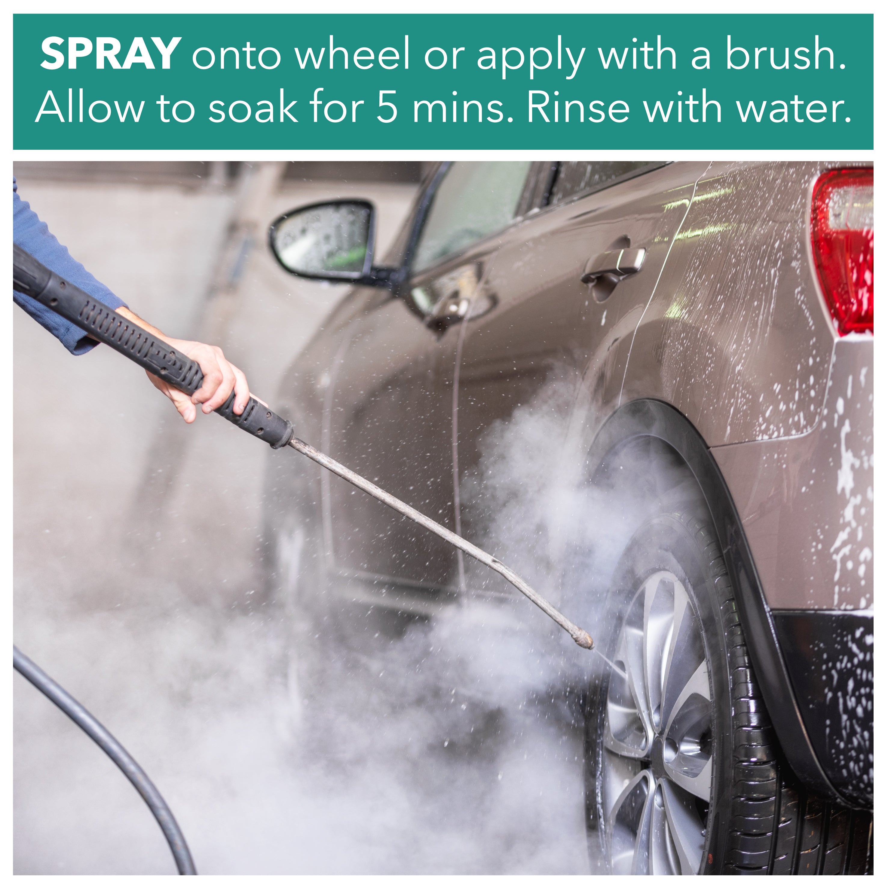 spray onto wheel or apply with brush, allow to soak for 5 mins, rinse with water